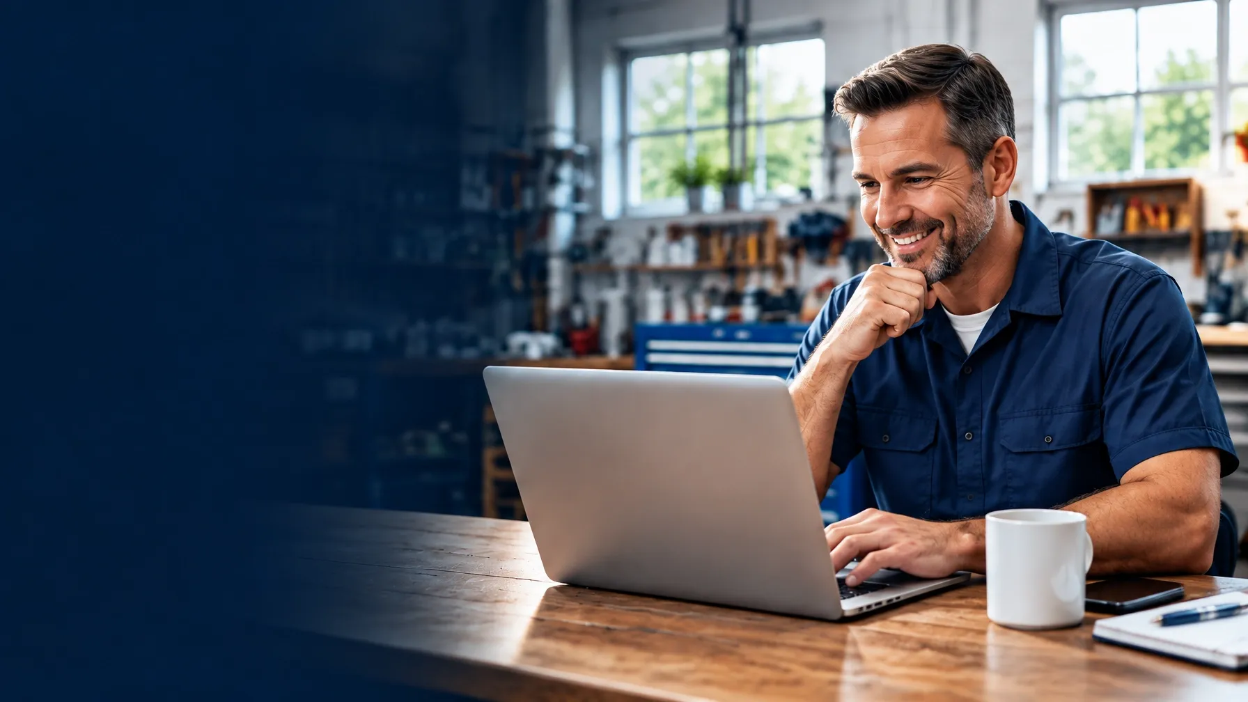 Local service business owner reviewing his business website on a laptop